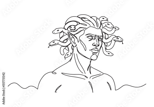 Mythological gorgon Medusa in continuous line art, black and whi