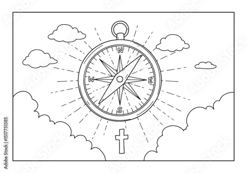 Detailed compass rose illustration in black and white for colori