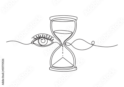 Continuous line drawing of hourglass and eye symbolizing time pe