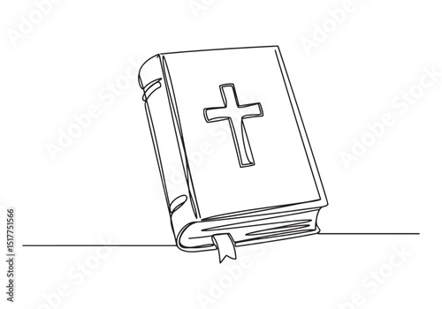 Elegant continuous line drawing of a bible with cross illustrati