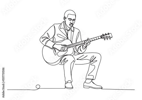 Continuous Line Drawing of Male Blues Musician Playing Guitar Ar
