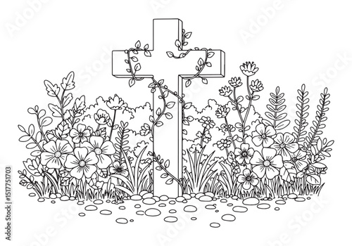Detailed floral frame adorning a cross in a black and white illu