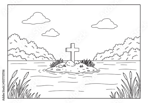 Serene Island Sanctuary Coloring Page, A Peaceful Cross Amidst N