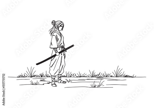 Female Ronin with Katana Continuous Line Drawing in Black and Wh