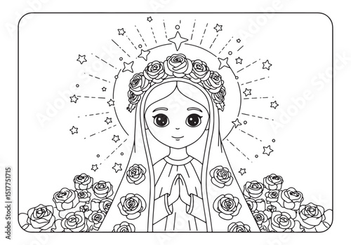 Virgin Mary with rose crown, vector coloring page illustration