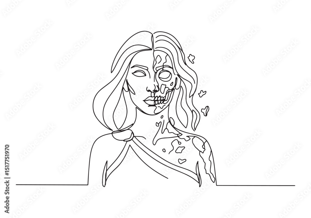 Hel Half Beautiful Continuous Line Drawing Black and White Illus