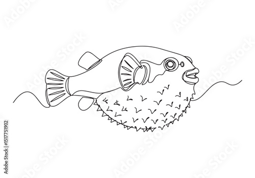 Elegant continuous line drawing of a pufferfish in black and whi