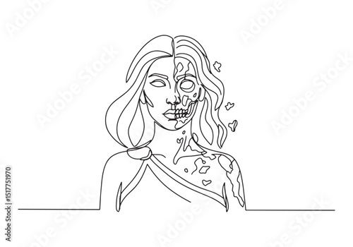Hel Half Beautiful Continuous Line Drawing Black and White Illus
