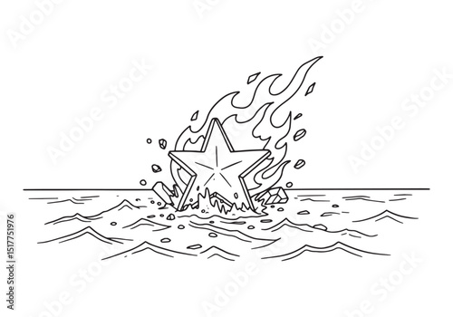 Burning Star Impact in Ocean, Black and White Coloring Book Illu