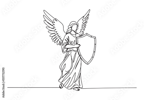 Continuous Line Drawing of Angel Holding Shield in Black and Whi