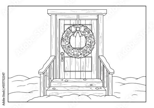 Charming Christmas wreath adorned front door coloring page illus