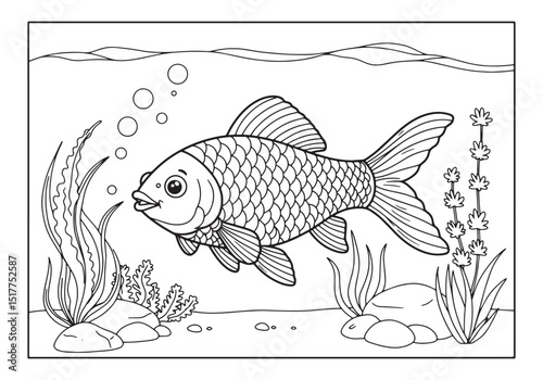Cherry Barb Coloring Page for Kids, Aquatic Scene with Outlined