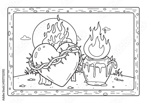 Heart with Crown of Thorns and Burning Flame Coloring Page Desig