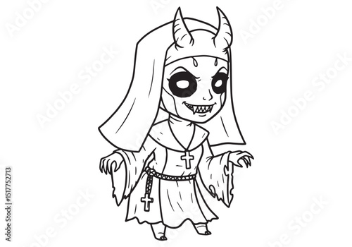 Creepy coloring book illustration of a demonic nun with horns fo