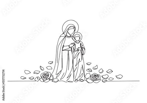 Continuous line art of Mary and Jesus Surrounded by Roses, a sym