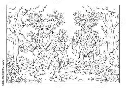 Enigmatic Male Dryads in Forest, A Coloring Book Fantasy for 204