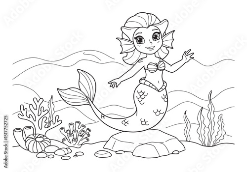 Enchanting Underwater Coloring Page, A Beautiful Female Triton o