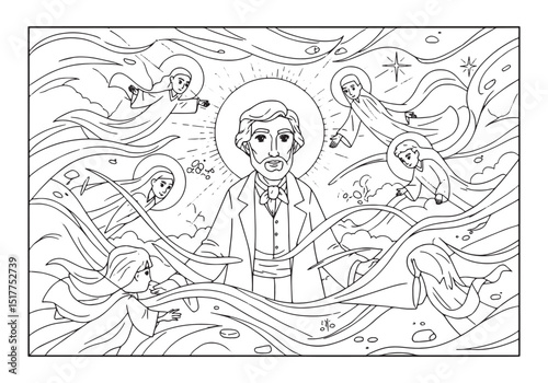 Joseph Smith First Vision Coloring Page, Black and White Illustr