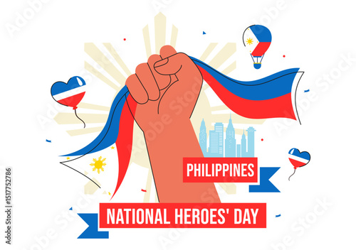 Philippines Heroes Day Vector Illustration to Commemorate and Honor National Heroes with a Waving Flag and Ribbon for a Patriotic Holiday Celebration