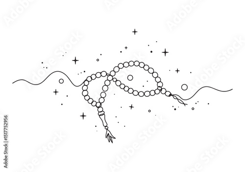Minimalist prayer beads illustration in continuous line art styl