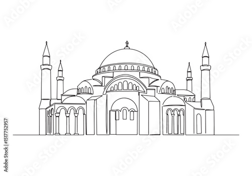 Elegant oneline drawing of Byzantine basilica with detailed arch