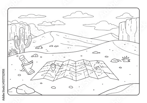 Detailed coloring book page of a desert landscape with a map and