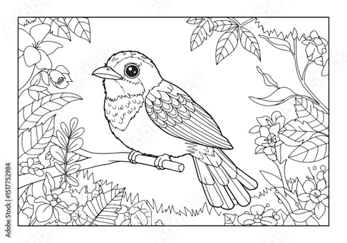 Detailed trogon bird illustration for coloring book page design