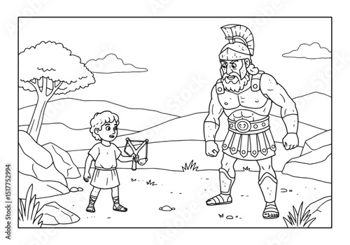 David and Goliath Coloring Page, Classic Biblical Tale Illustrat