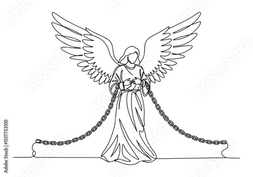 Elegant angel chained in continuous line drawing, black and whit
