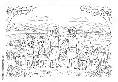 Adam educating his kids with coloring book outdoors illustration