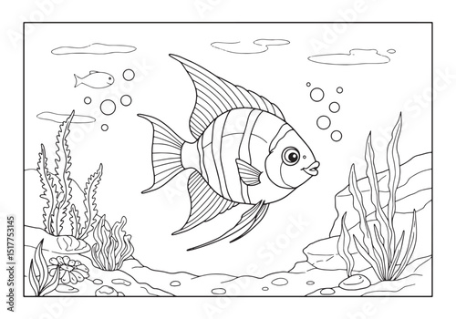 Angelfish coloring page in underwater world illustration, black