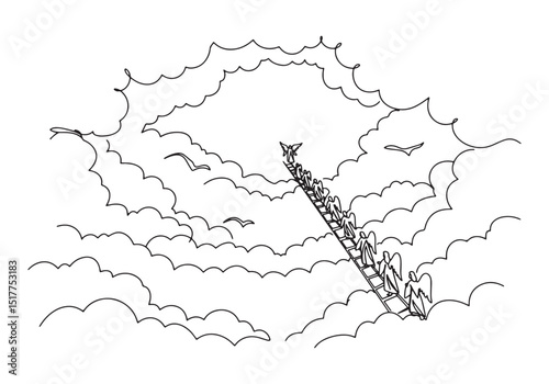 Angels Ascending to Heaven on a Ladder in Continuous Line Drawin