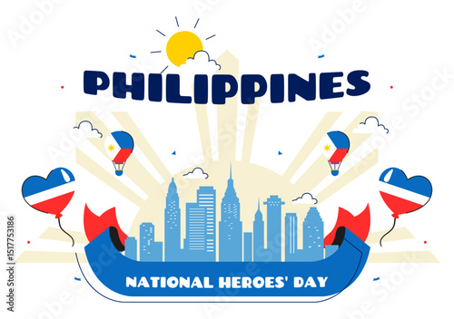 Philippines Heroes Day Vector Illustration to Commemorate and Honor National Heroes with a Waving Flag and Ribbon for a Patriotic Holiday Celebration