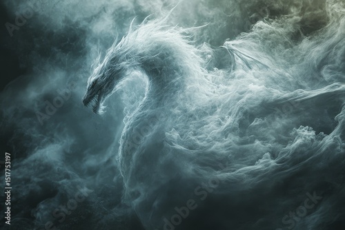 Ethereal dragon emerging from mist in a mystical landscape at twilight