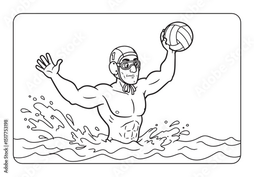 Vintage Water Polo Player Coloring Page - Black and White Illust
