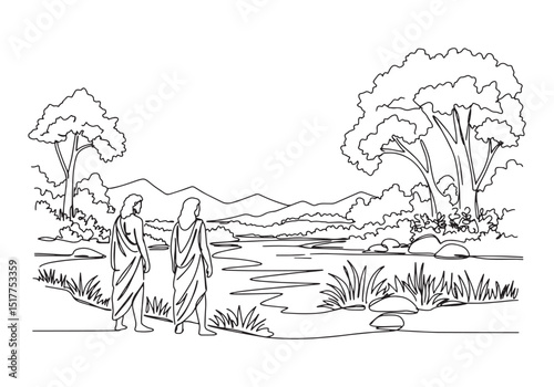 Adam and Eve in Paradise, A Detailed Coloring Book Page Illustra