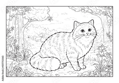 Detailed Siberian Cat Illustration in Natural Habitat for Colori