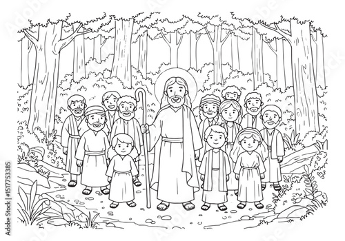 Jesus Leads His Followers, A Coloring Page Depicting Faith and G