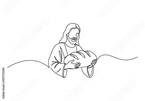 Minimalist depiction of Jesus Christ holding bread in one line d