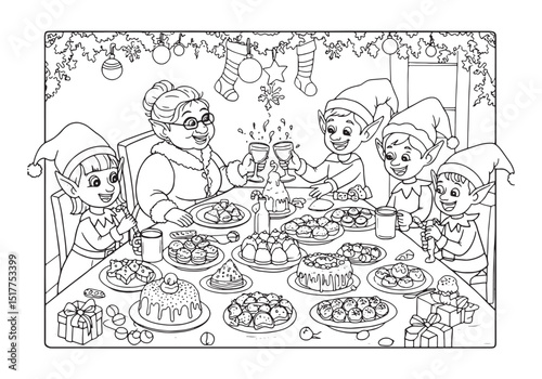 Festive feast with Mrs. Claus and playful elves coloring page fu