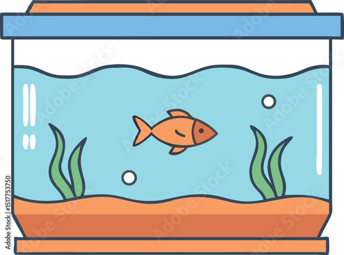 Simple cartoon depiction of a cute aquarium with a single goldfish inside