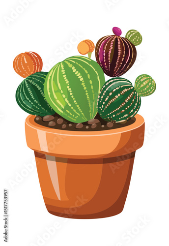 Diverse Cactus Plants in Brown Clay Pot