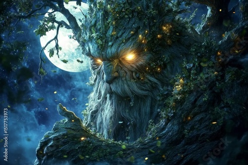 Mysterious ancient tree spirit watches over a moonlit forest landscape at night