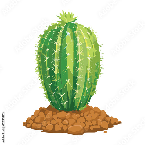 Green Barrel Cactus on Ground Illustration