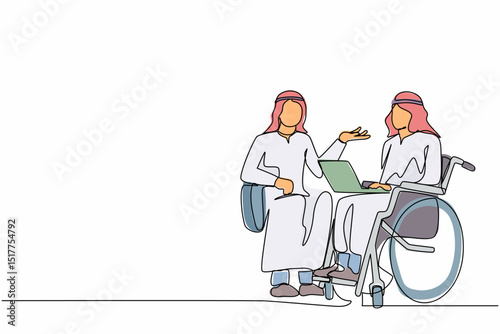 Single one line drawing employee with disabilities and inclusion work together. Disabled Arab male on wheelchair with coworker sit communicate using laptop. Continuous line draw graphic design vector