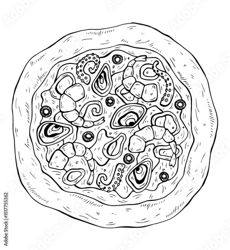 Italian food vector collections. Hand drawn line art illustration with seafood pizza. Composition in the ink style for menus, pizzerias, restaurants.