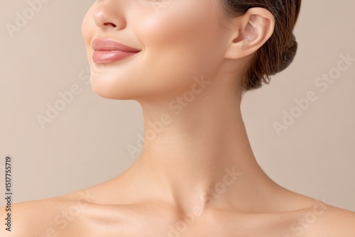 Close-up View of a Smooth Chin and Neck Area Showcasing Healthy Skin, Natural Beauty, and a Serene Expression, Ideal for Highlighting Skincare Routine or Cosmetic Treatments
