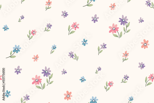 Seamless floral pattern, liberty ditsy print of pretty mini chamomiles. Cute romantic botanical design of small simple daisy flowers, tiny leaves. Pastel textile print. Vector illustration.