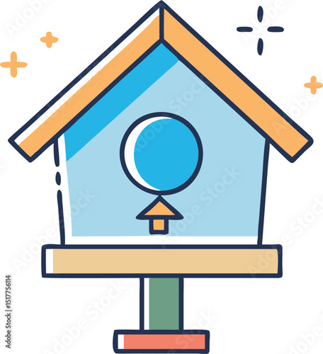 Cute little blue and yellow birdhouse with sparkling stars illustration