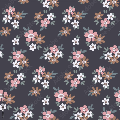 Seamless floral pattern, liberty ditsy print in autumn colors. Cute botanical design in folk, rustic motif. Small hand drawn flowers, tiny leaves, simple mini bouquets abstract. Vector illustration.